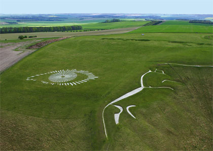 The Big Brother chalk eye was painted with permission by the National Trust above the mysterious <a href="http://en.wikipedia.org/wiki/Uffington_White_Horse" target="blank">White Horse</a>, which was carved into the chalk hillside above the village of Uffington
in Oxfordshire England over three thousand years ago. The eye was made using an environmentally friendly chalk-based paint and took eight hours to finish. It was later removed using high-power water jets.